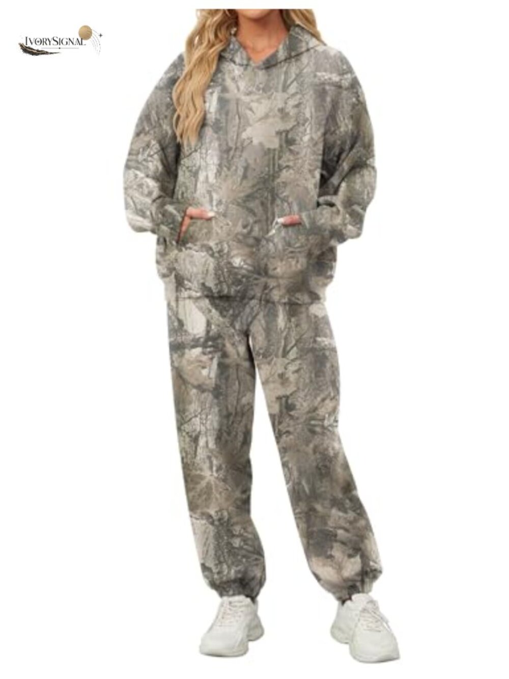Women's 2-Piece Camo Hoodie Sweatpants Lounge Set Fleece Lined Oversized Fall